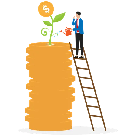 Businessman is standing on stacks of coins  Illustration