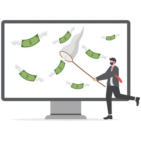 Businessman Trying To Catch Money Fly On Laptop Financial Success And Earnings Of Business People Investor Success Vector Illustrator Illustration