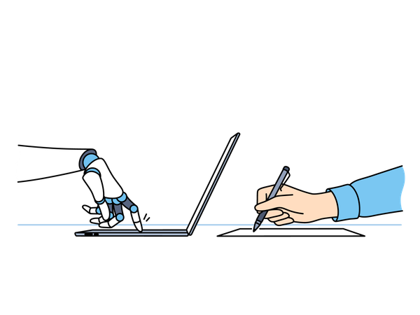 Businessman is taking robot's help while drafting message on computer  イラスト