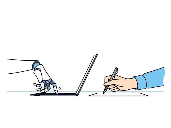 Businessman is taking robot's help while drafting message on computer  イラスト
