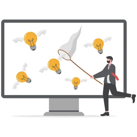 Businessman is trying to catch innovative ideas and implement in his business  Illustration