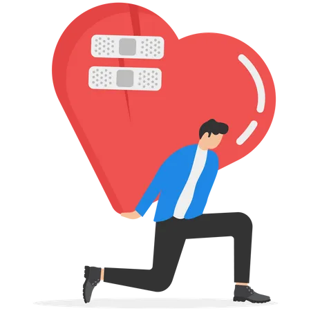 Businessman Carrying A Huge Bandage Repaired Heart Shape Forget And Forgive Open For New Relationships Vector Illustration Illustration