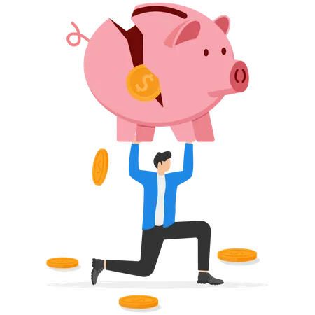 Businessman Carrying Huge Broken Piggy Bank With Money Vector Illustration Illustration