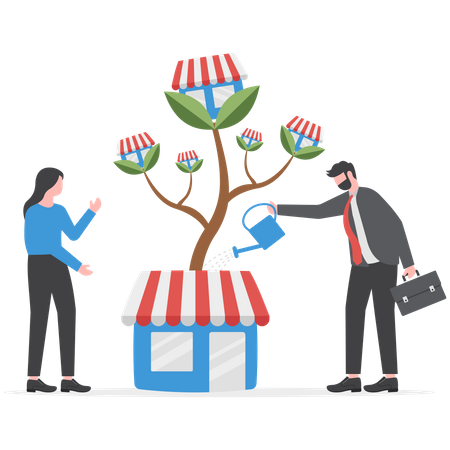 Businessman is watering money tree to grow franchise business  Illustration