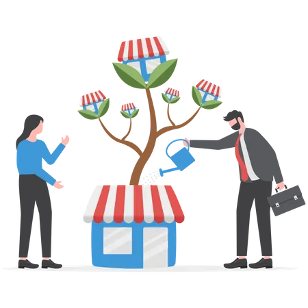 Businessman Is Watering Money Tree To Grow Franchise Business Increasing And Growth Business Flat Concept Illustration Illustration
