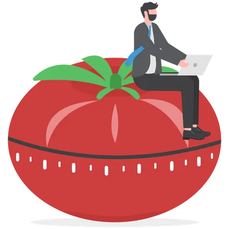 Pomodoro Technique To Increase Work Productivity Set Timer To Focus Work And Break Or Rest Concept Smart Businessman Focus On Working With Laptop Computer Sitting On Pomodoro Tomato Timer Stopwatch Illustration