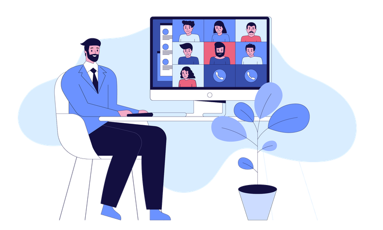 Businessman joining online video conference while working remotely  Illustration