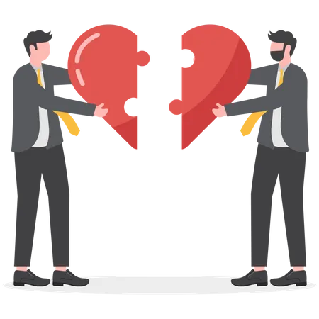 Businessman Joining Together Heart Shaped Jigsaw Puzzle Business Metaphor Of A Joint Venture Partnership Or Teamwork Illustration