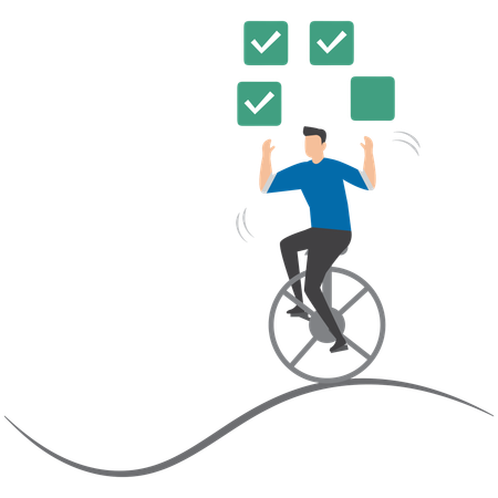 Businessman juggling checkbox while balancing on unicycle symbolizing task management and productivity  Illustration