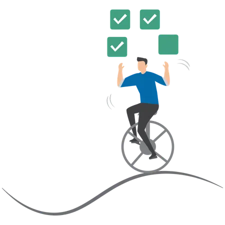 Businessman juggling checkbox while balancing on unicycle symbolizing task management and productivity  Illustration