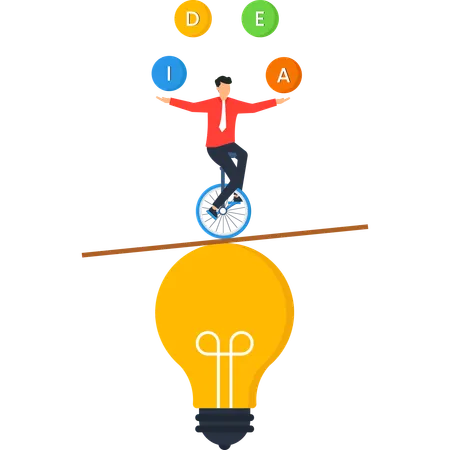Businessman Juggling Ideas on Unicycle Above Lightbulb  Illustration