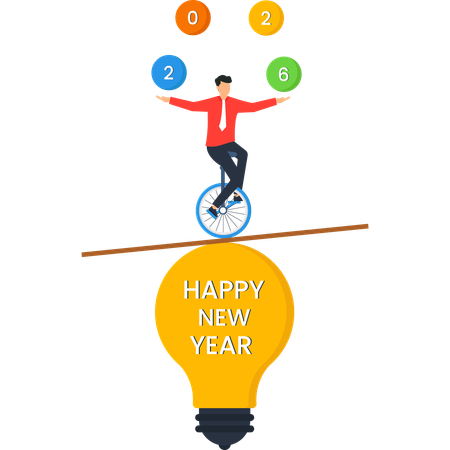 Businessman Juggling Numbers on Unicycle above Happy New Year Light  Illustration