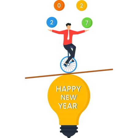 Businessman Juggling Numbers on Unicycle above Happy New Year Light  Illustration