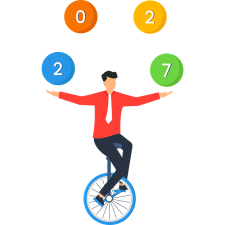 Businessman Juggling Numbers on Unicycle  Illustration