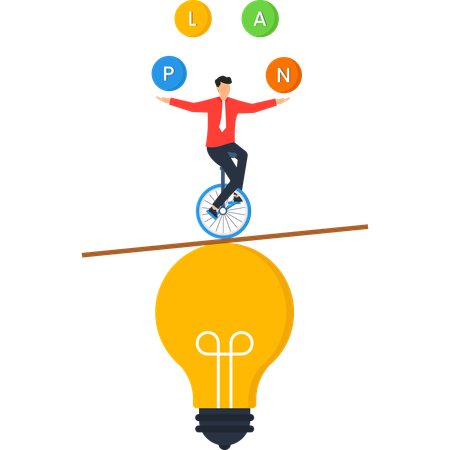 Businessman Juggling PLAN on Unicycle over Idea Lightbulb  Illustration