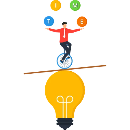 Businessman Juggling Time Management on Unicycle over Idea Lightbulb  Illustration