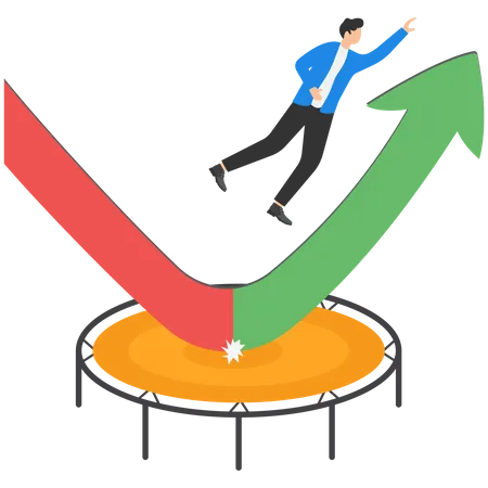 Businessmen Jump High On Trampoline With Green Rising Up Performance Arrow Graph Stock Market Rebound Overcome Business Downfall And Grow Profit Or Leadership And Achievement Concept Illustration