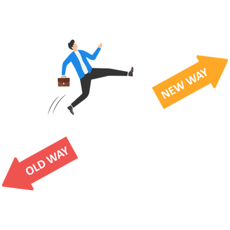 Businessman jump from old way arrow to growing up new way arrow  Illustration
