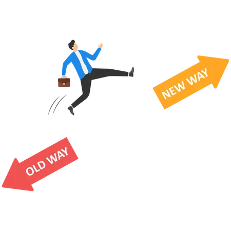 Businessman jump from old way arrow to growing up new way arrow  Illustration