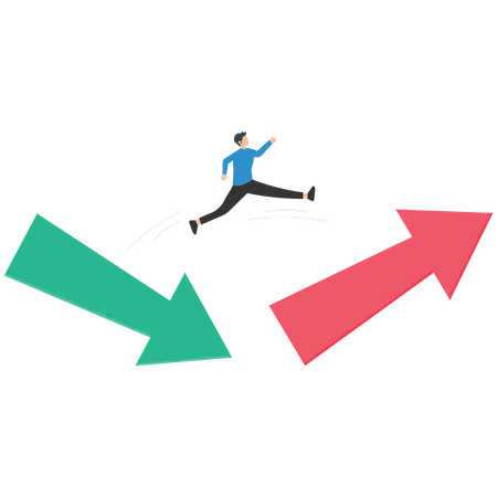 Businessman jump from red pointing down arrow to green rising up  Illustration