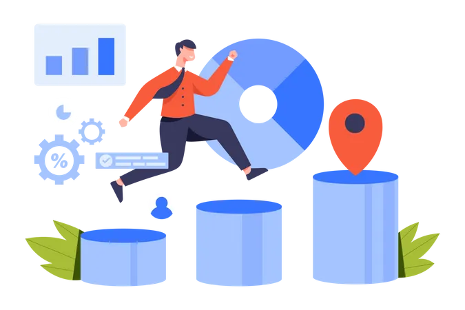 Concentration And Focus On Business Goal Or Target Business Goal Solution Concept Businessman Jump On Graph Columns To Success Vector Illutration Flat Style イラスト