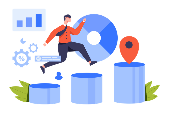 Businessman jump on graph columns to success  Illustration