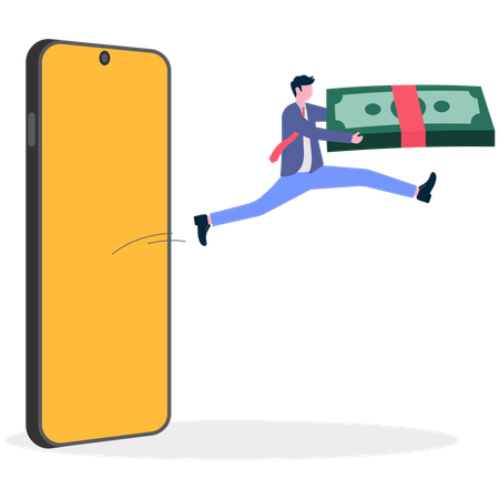 Businessman jump out from mobile with cash money  Illustration