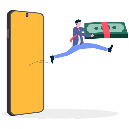 Businessman jump out from mobile with cash money  Illustration