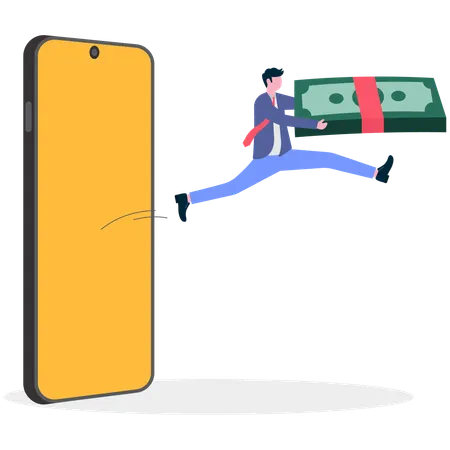 Businessman jump out from mobile with cash money  Illustration