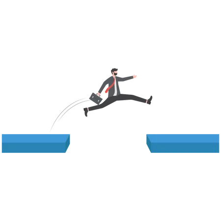 Determination And Bravery To Overcome Obstacle And Achieve Business Success Career Challenge Or Motivation To Win Competition Determined Businessman Jump Over Bridge Gap To Achieve Business Target Illustration