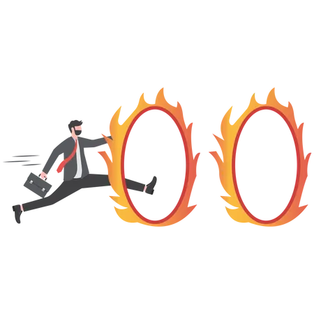 Businessman jump over fiery burning hoops  Illustration