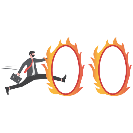 Businessman jump over fiery burning hoops  Illustration