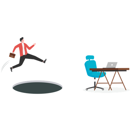 ビジネスマンは仕事の目標を達成するために穴を飛び越える  イラスト