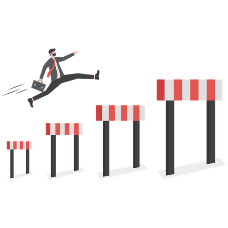 Businessman jump over hurdles to find higher obstacles  Illustration