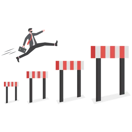 Business Challenge Overcome Difficulty Or Obstacle To Achieve Business Success Effort Skill Or Aspiration To Solve Problem Concept Ambitious Businessman Jump Over Hurdles To Find Higher Obstacles Illustration