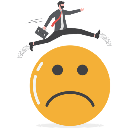 Businessman jump over sad and negative emotion face  Illustration