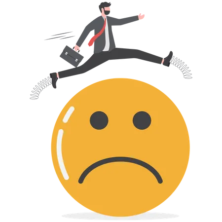 Overcome Stress And Anxiety Emotional Problem Uncertainty Or Worried About Work Depression Or Mental Illness Sad And Stressful Concept Businessman Jump Over Sad And Negative Emotion Face Illustration