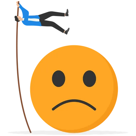 Overcome Stress And Anxiety Emotional Problem Uncertainty Or Worried About Work Depression Or Mental Illness Sad And Stressful Concept Businessman Jump Over Sad And Negative Emotion Face Illustration
