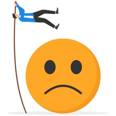 Businessman jump over sad and negative emotion face  Illustration