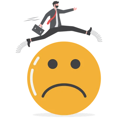 Businessman jump over sad and negative emotion face  Illustration