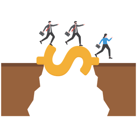 Businessman jump pass cliff gap with money dollar sign bridge  Illustration