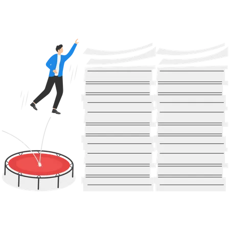 Businessman jump pole vault over busy document paper  Illustration