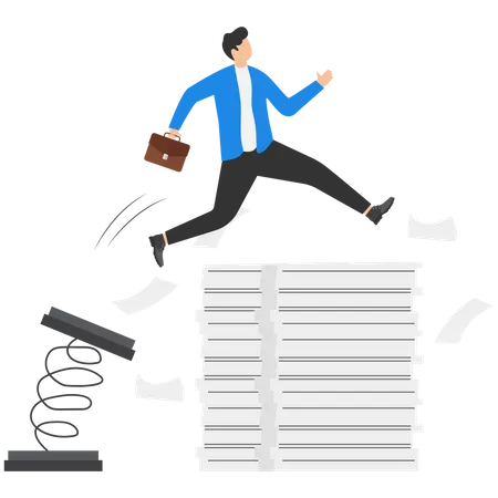 Efficiency Or Productivity To Finish Work Manage Busy Workload Or Paperwork Project Documents Or Overcome Exhausted Or Challenging Concept Businessmen Jump Pole Vault Over Busy Document Paper Illustration