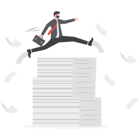 Businessman jump pole vault over busy document paper  Illustration