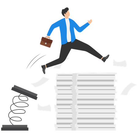 Businessman jump pole vault over busy document paper  Illustration