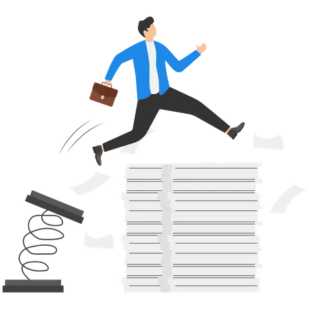 Businessman jump pole vault over busy document paper  Illustration