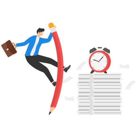 Businessman jump pole vault over busy document paper  Illustration