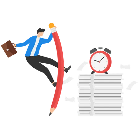 Businessman jump pole vault over busy document paper  Illustration