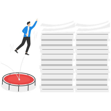 Businessman jump pole vault over busy document paper  Illustration