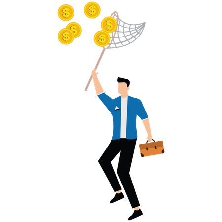 Businessman jump to catch golden money coin with butterfly net  Illustration